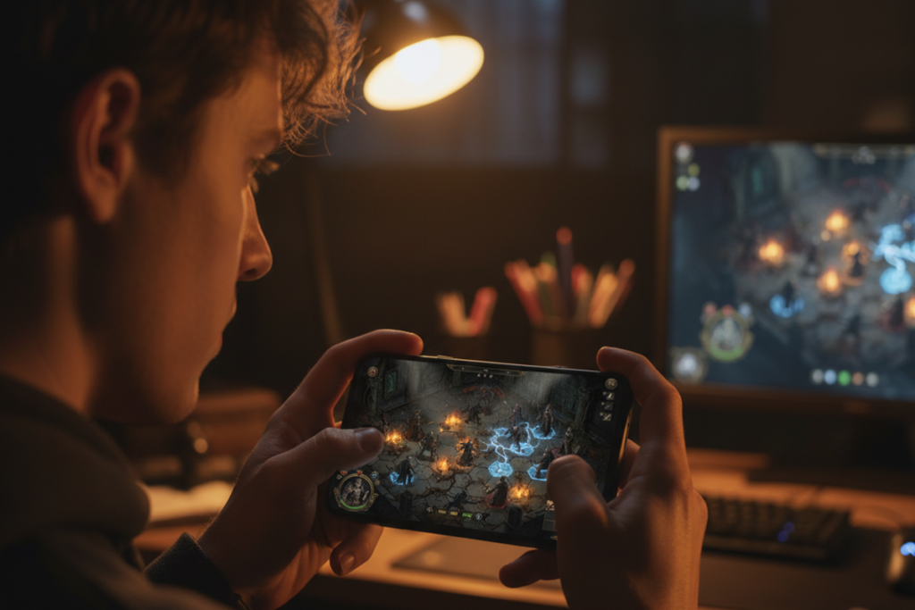 Un joueur qui joue sur son mobile