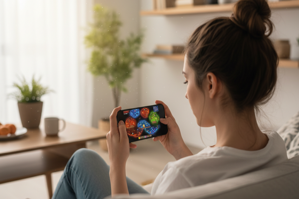 Une jeune femme qui joue sur son mobile