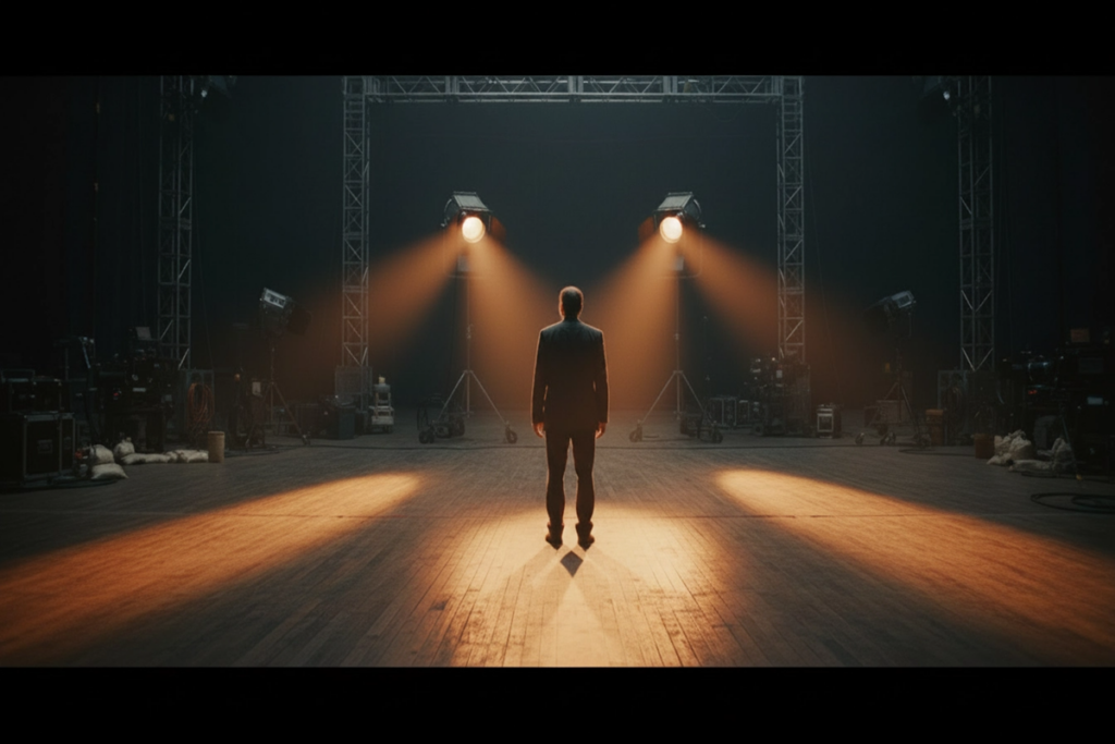 Acteur au style proche de Nicolas Cage sur un plateau de tournage