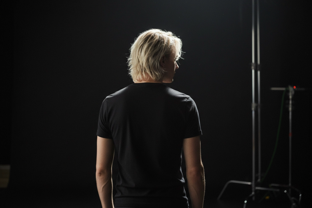 Acteur vu de dos rappelant Jamie Campbell Bower