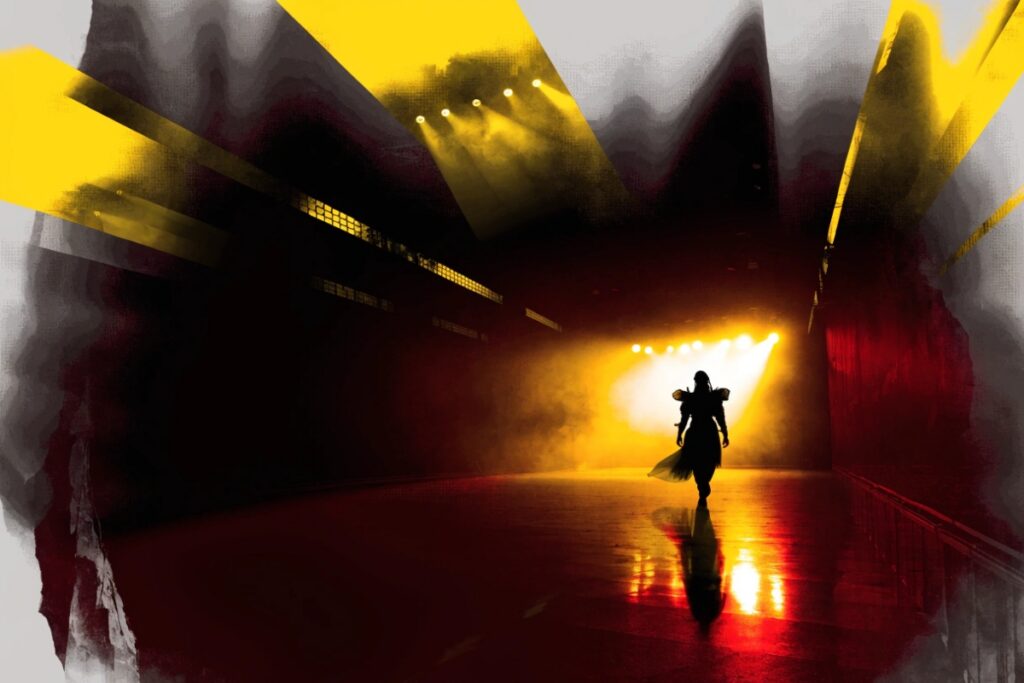 Backstage de concert rock pour Solidays, silhouette d'artiste avant la scène