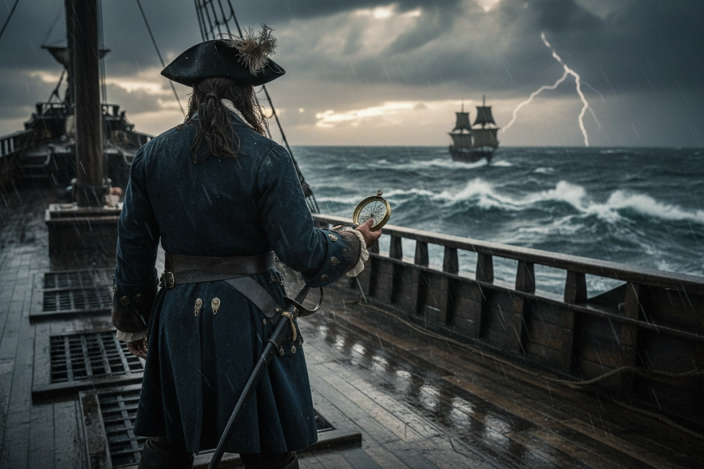 Capitaine pirate tenant une boussole rappelant Pirates des Caraïbes 6