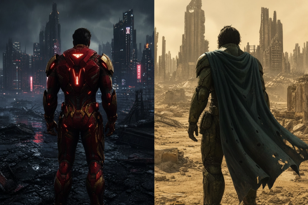 Collage de super-héros rappelant Iron Man et Docteur Doom