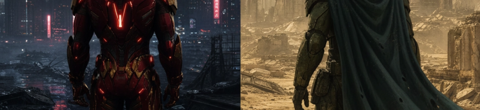 Collage de super-héros rappelant Iron Man et Docteur Doom