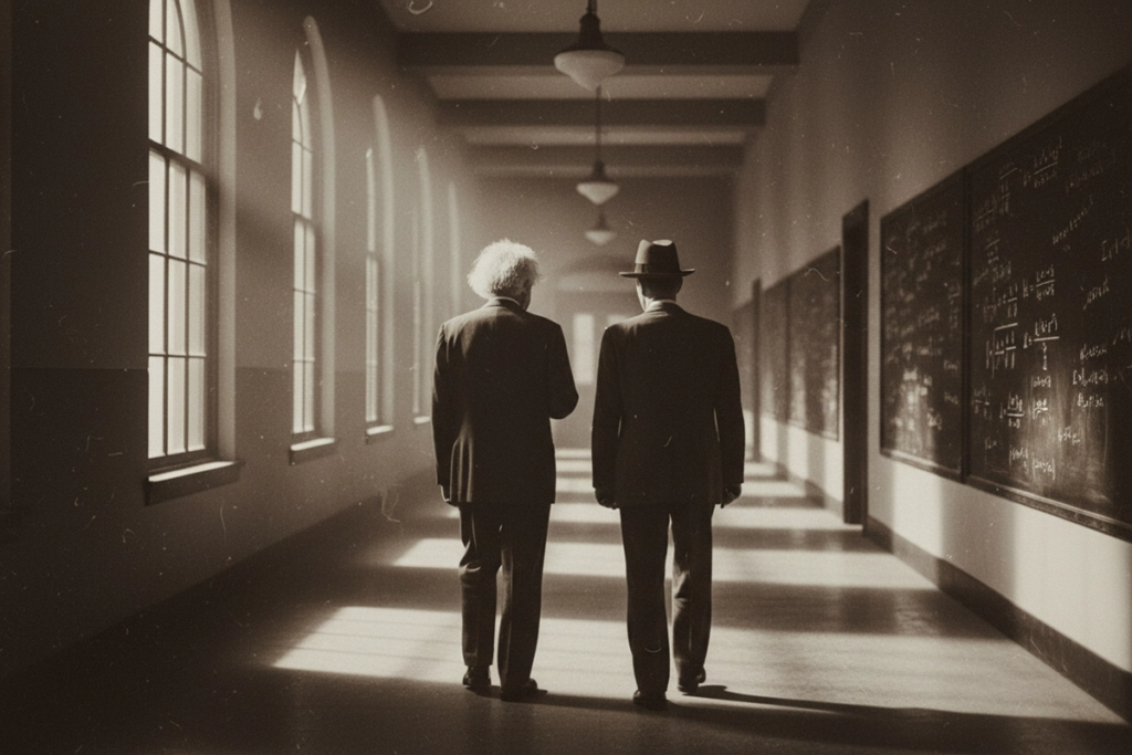 Deux hommes évoquant l’allure d’Albert Einstein et de J. Robert Oppenheimer