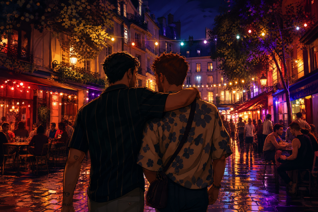 Deux homosexuels se tenant côte à côte évoquant le film Jim Queen