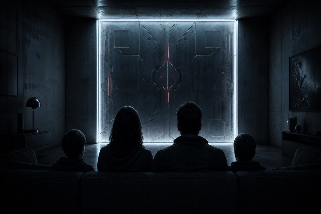 Famille dans une salon sombre évoquant The Last House
