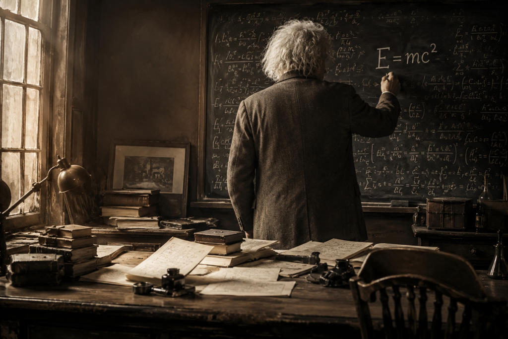 Figure masculine de dos faisant penser à Albert Einstein 