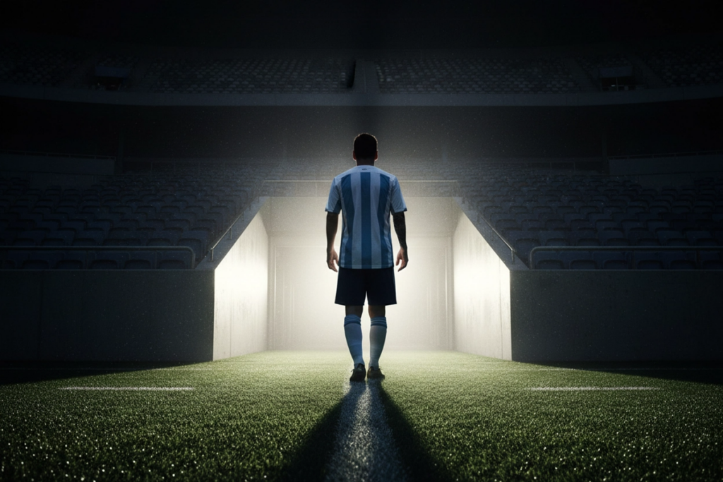 Footballeur style Lionel Messi marchant vers le tunnel d’un stade