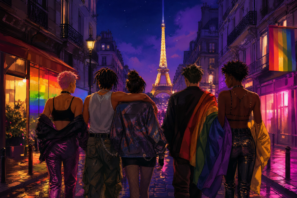 Groupe d’amis LGBTQ+ marchant dans Paris rappelant le film Jim Queen