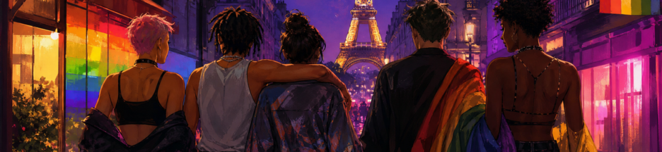 Groupe d’amis LGBTQ+ marchant dans Paris rappelant le film Jim Queen