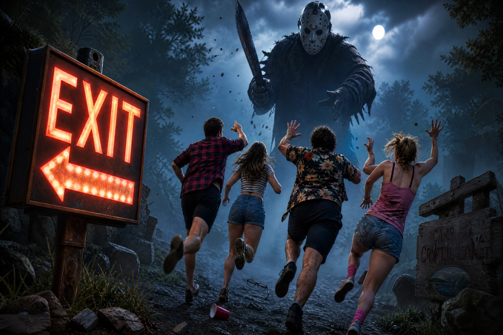 Groupe d'amis paniqués courant comme dans Scary Movie 6