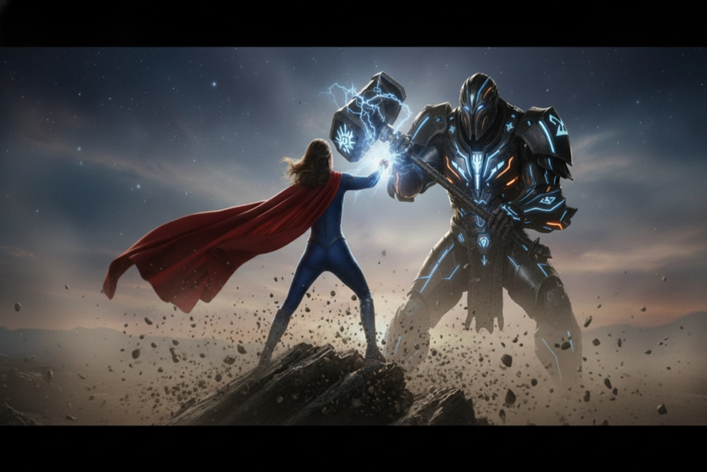 Guerrière aux airs de Supergirl en pleine bataille 