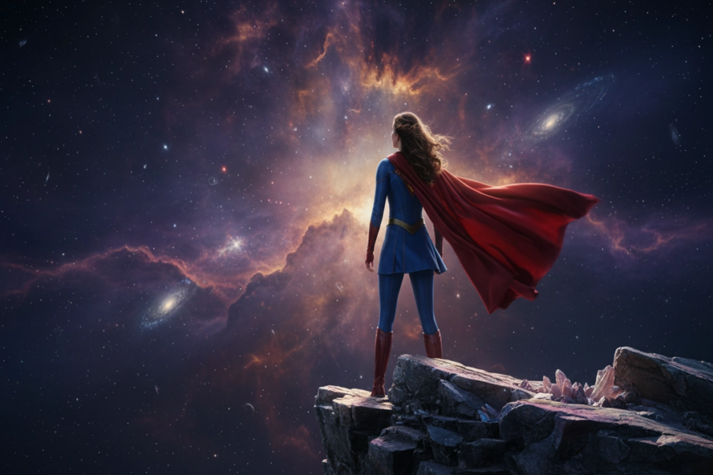 Héroïne similaire à Supergirl sous un ciel cosmique 