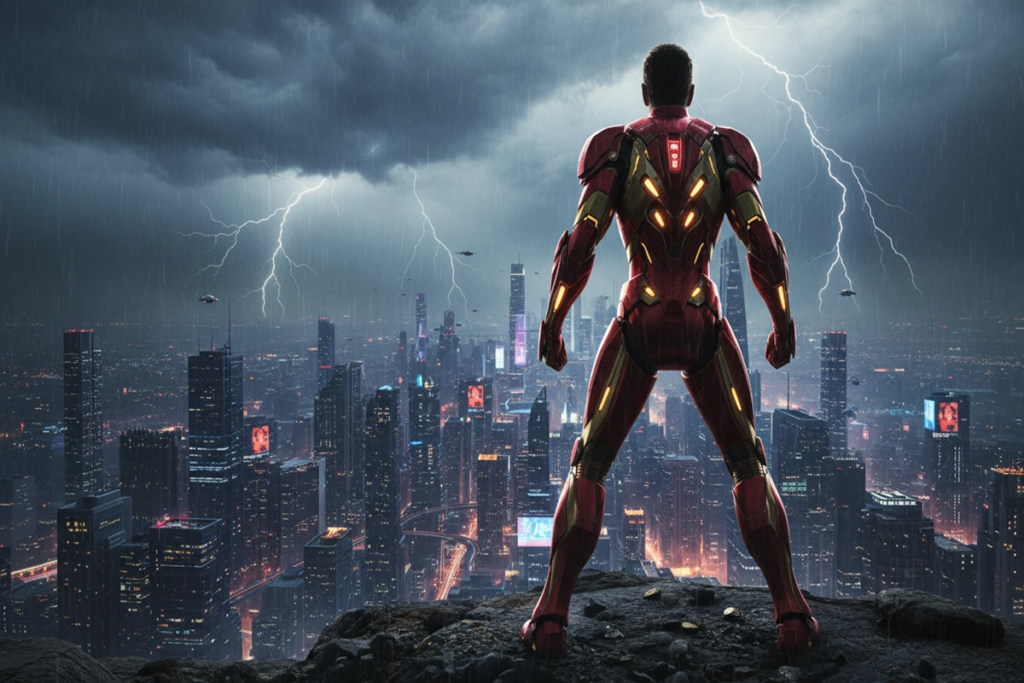 Héros en armure futuriste rappelant Iron Man