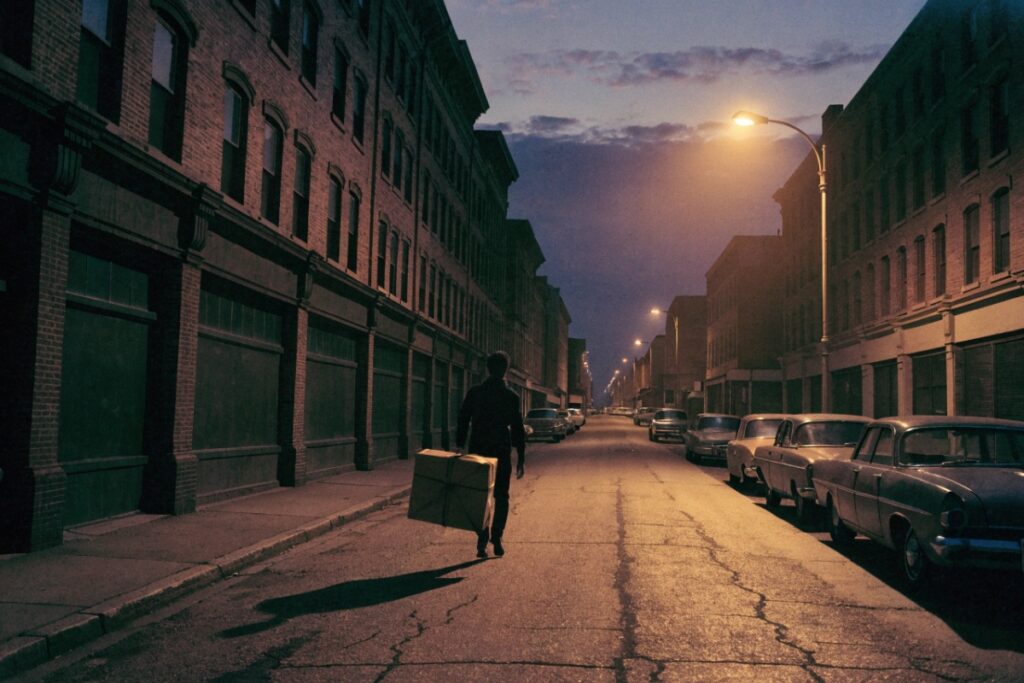 Silhouette anonyme dans une rue américaine des années 1970