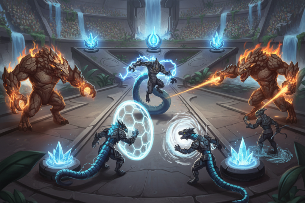 Gameplay d’un jeu de combat de monstres comme Pokémon Champions