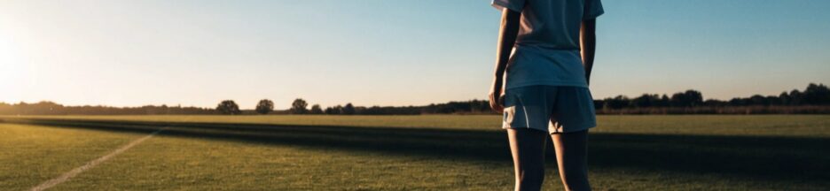 Joueuse de football sur un terrain en fin d'après-midi