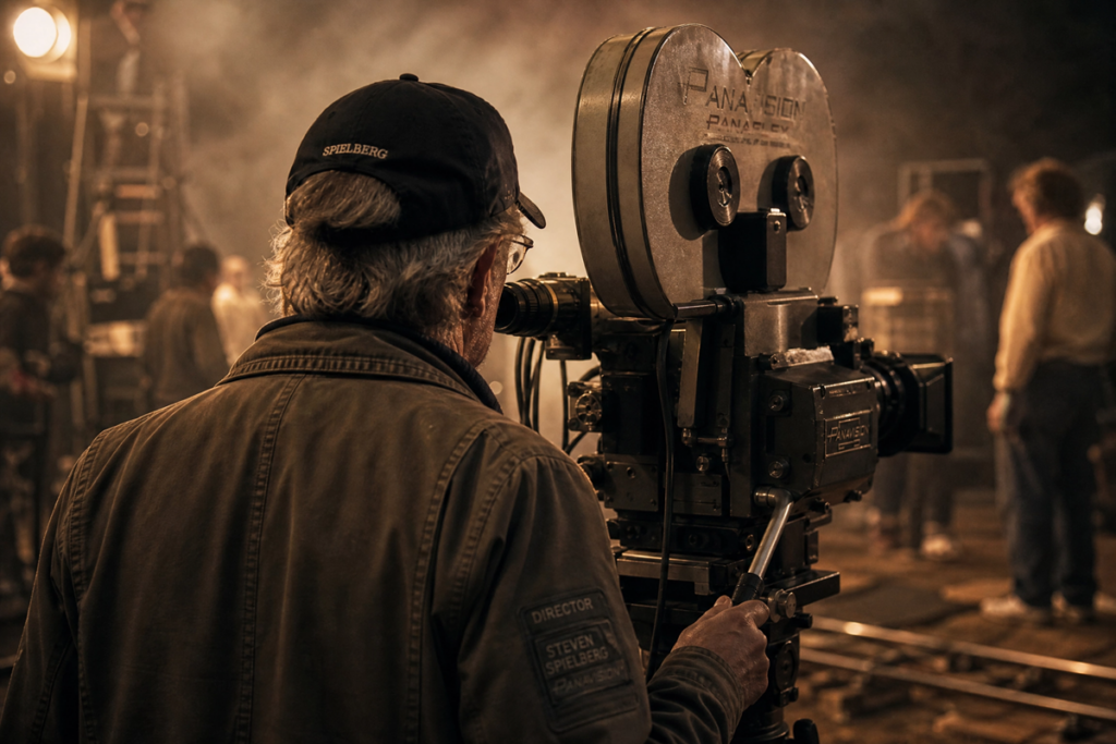 Metteur en scène ressemblant à Steven Spielberg sur un plateau