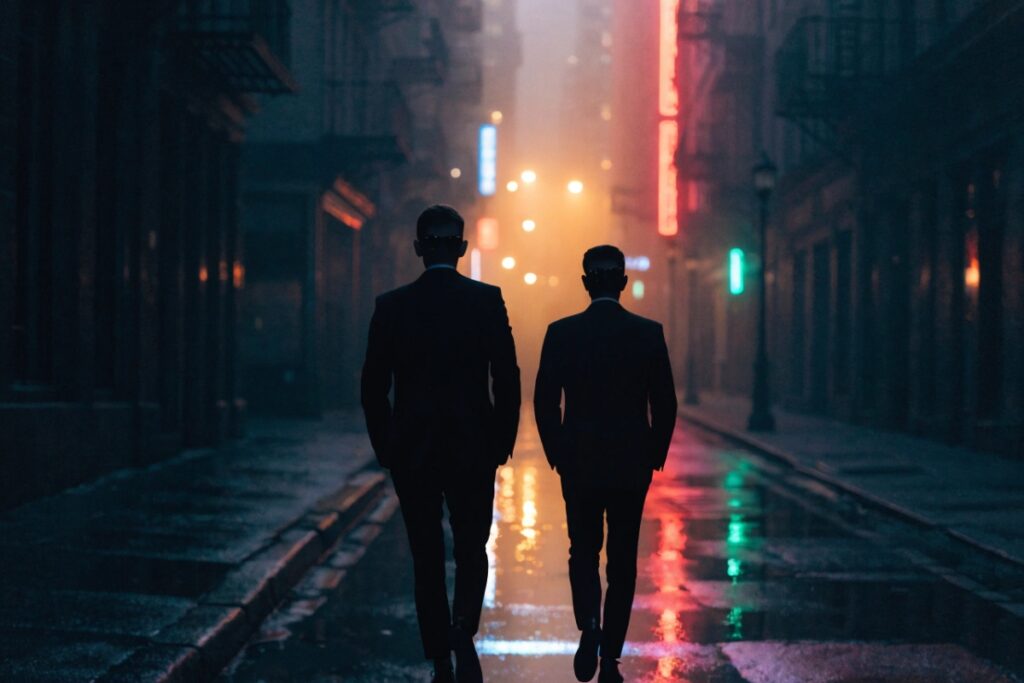silhouette de deux agents en costume noir marchant dans une rue  