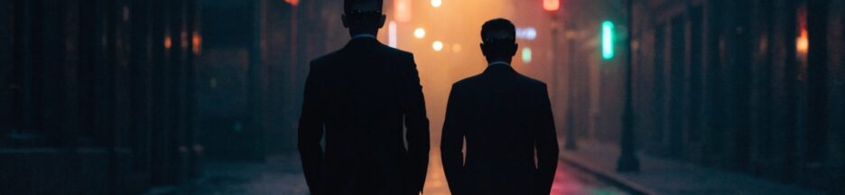 silhouette de deux agents en costume noir marchant dans une rue