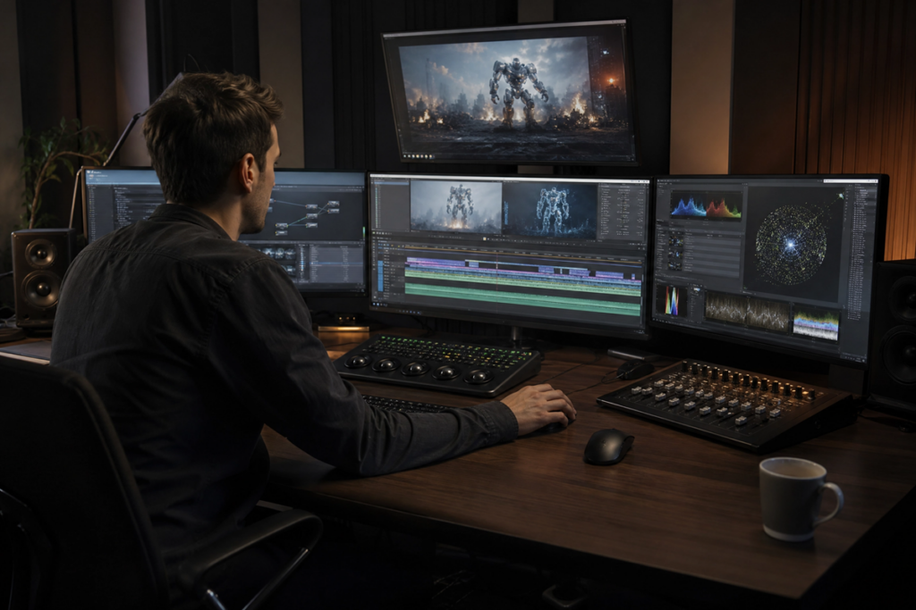 Monteur vidéo utilisant l’intelligence artificielle en post-production