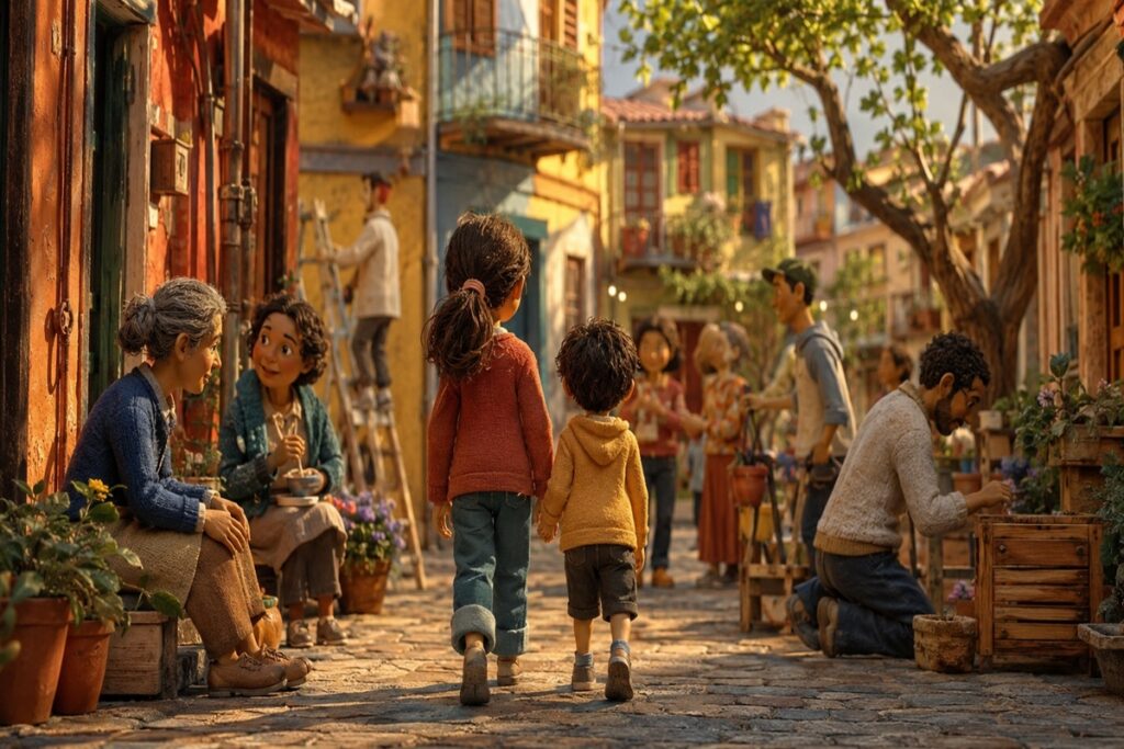 Deux enfants marchant dans une rue