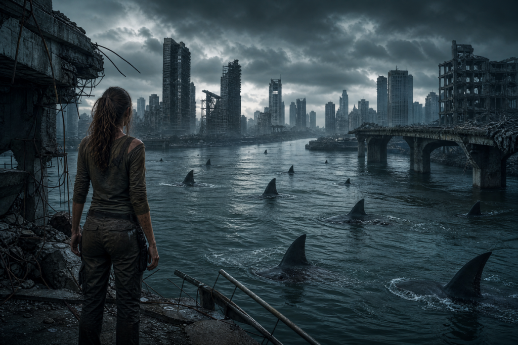 Personnage contemplant une ville partiellement inondée évoquant Sous la Seine 2
