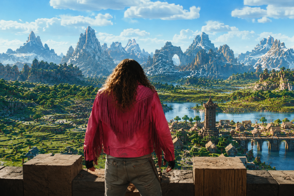 Personnage dans un décor rappelant A Minecraft Movie: Squared