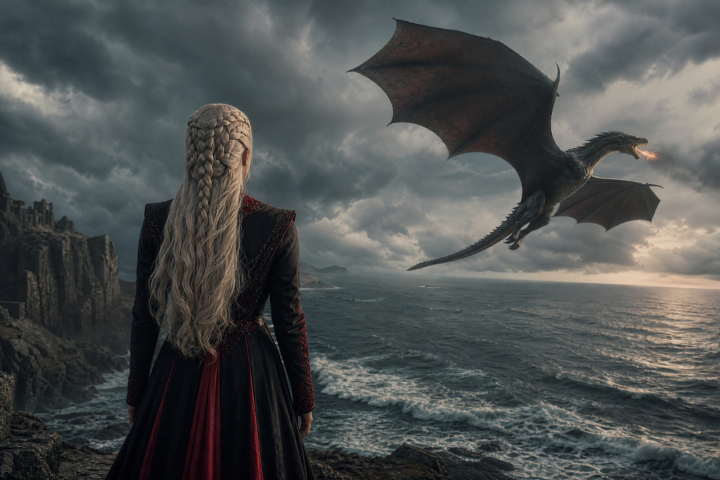 Personnage regardant un dragon s’envoler rappelant Game of Thrones