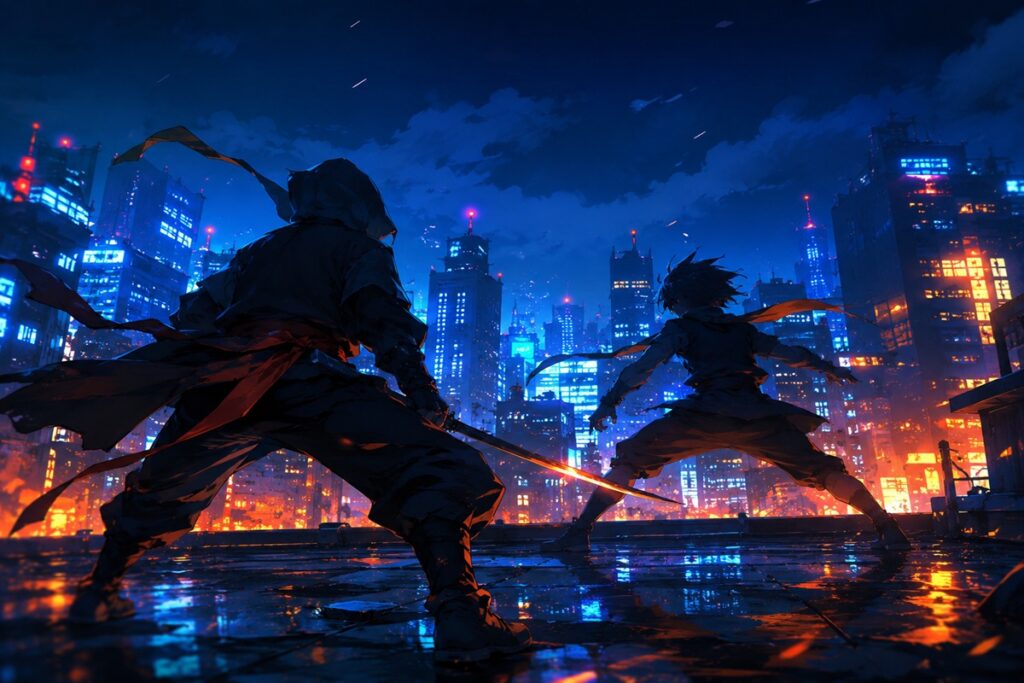 Deux silhouettes en position de combat