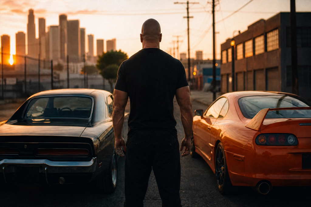 Acteur rappelant Vin Diesel vu de dos