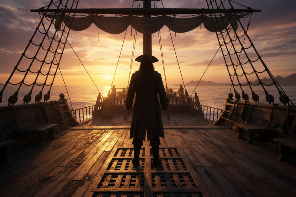 Pirate sur un pont en bois évoquant Pirates des Caraïbes 6