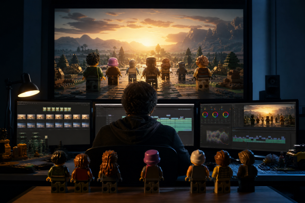Réalisateur dans une salle de montage réalisant un film LEGO