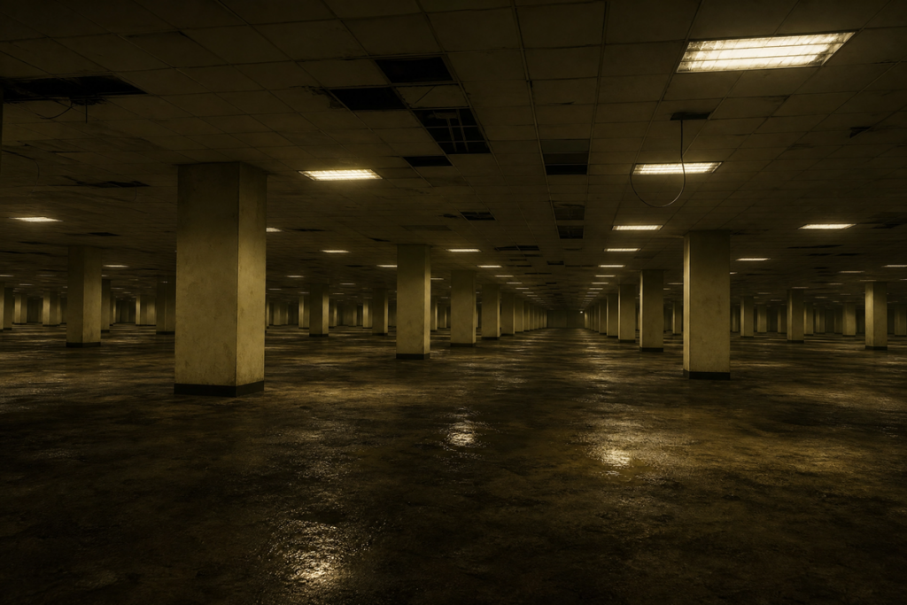 Salle de bureau abandonnée évoquant Backrooms
