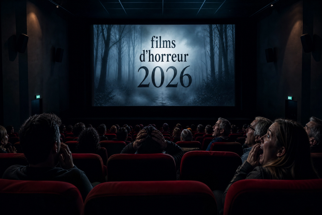 Salle de cinéma avec écran affichant « Films d’horreur 2026 »