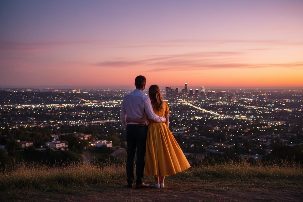 Scène cinématographique rappelant l’univers visuel de La La Land