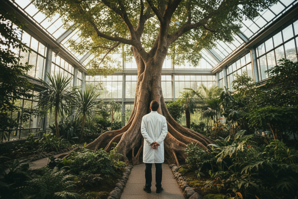 Scientifique observant un arbre rappelant le film Silent Friend