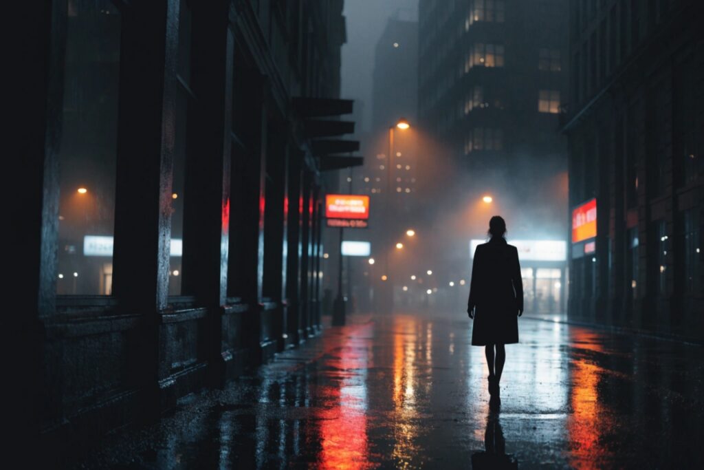 Silhouette d'une femme marchant dans une rue la nuit