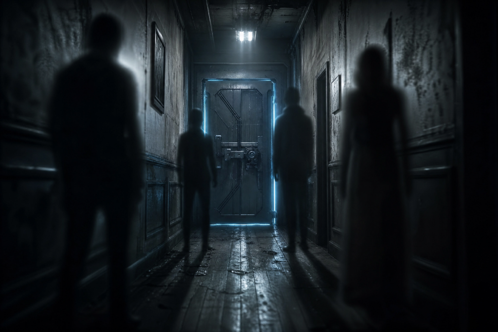 Silhouettes dans un couloir étroit d’une maison rappelant The Last House