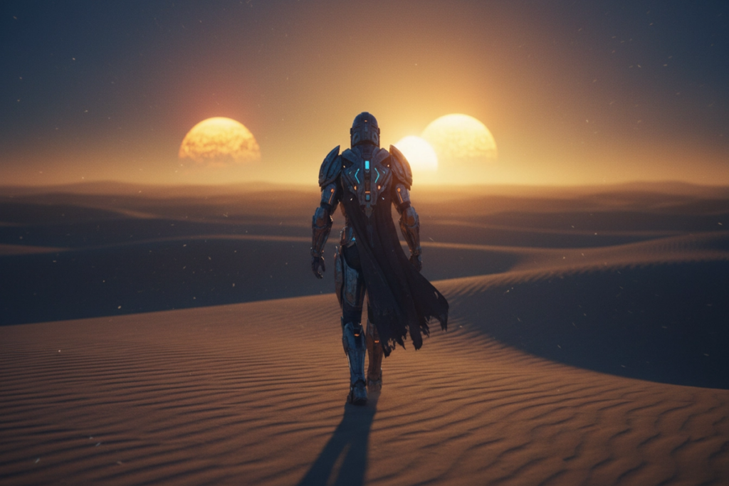 Soldat interstellaire évoquant The Mandalorian and Grogu