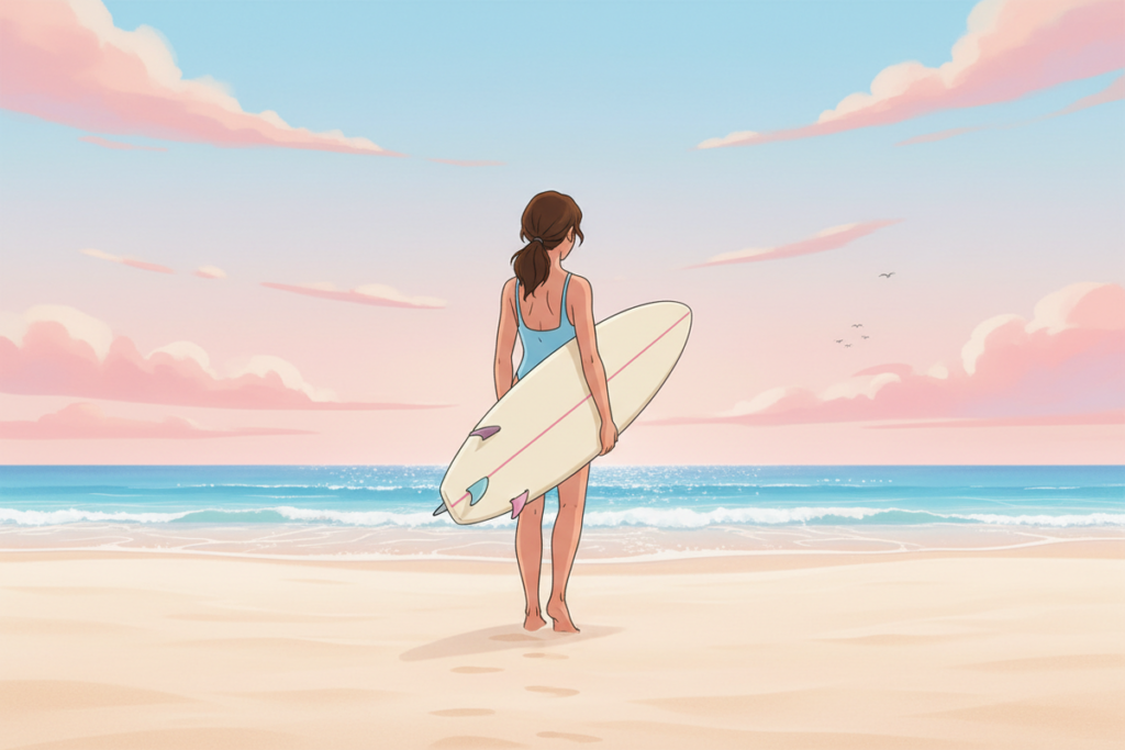 Surfeuse avec sa planche rappelant Kristen dans In Waves