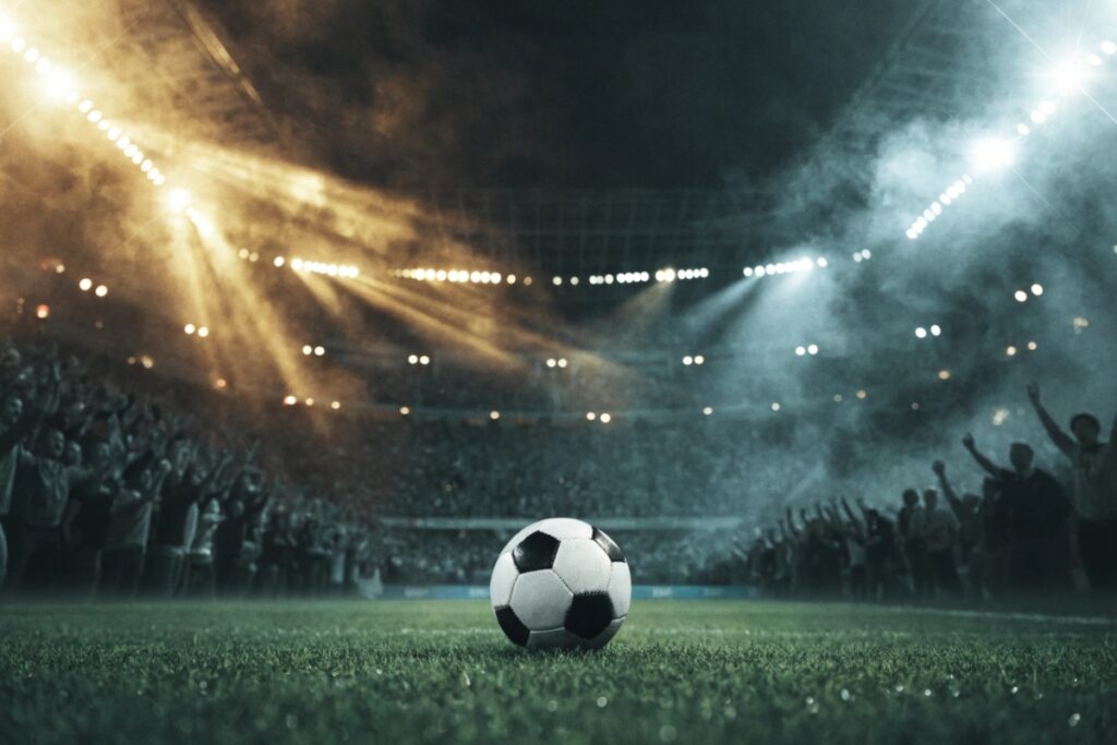 Ballon de football sur une pelouse dans un stade illuminé
