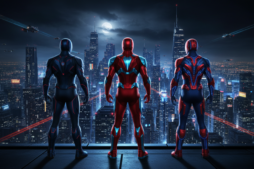 Trois héros aux capacités arachnéennes rappelant le film Spider-Man