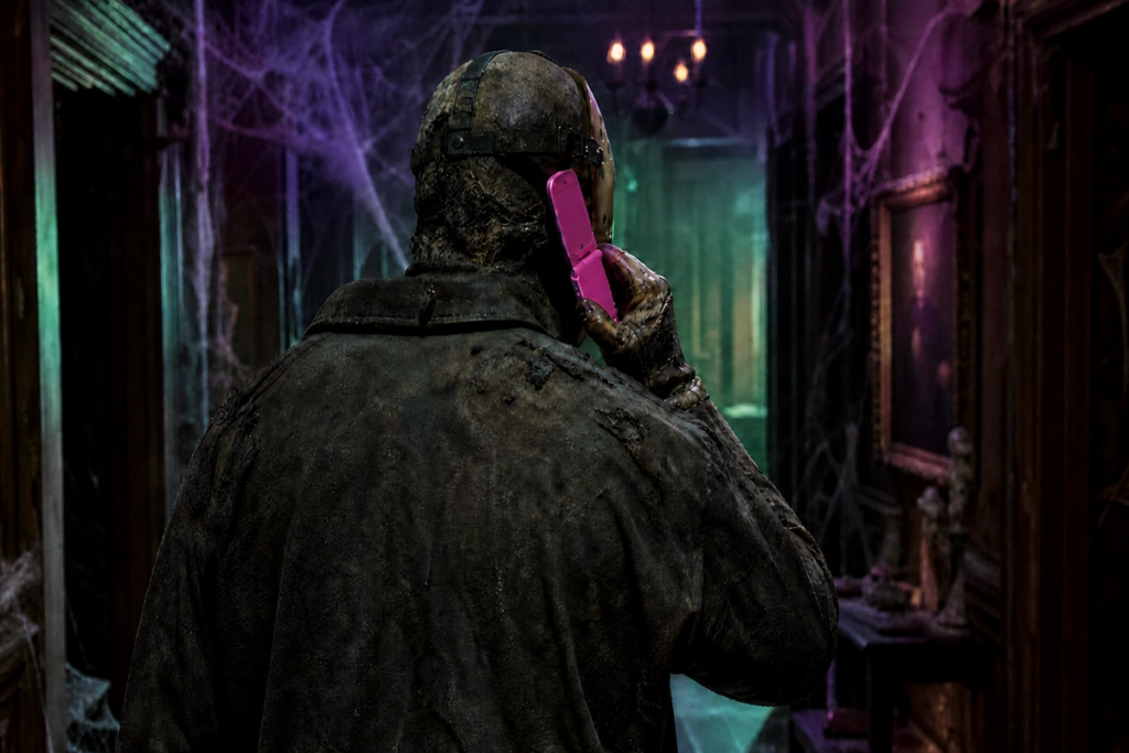 Tueur masqué tenant un téléphone rose rappelant Scary Movie 6