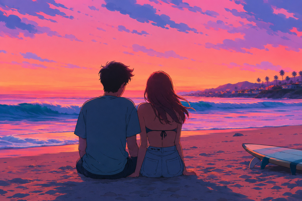 Un couple contemplant la mer inspiré du film In Waves