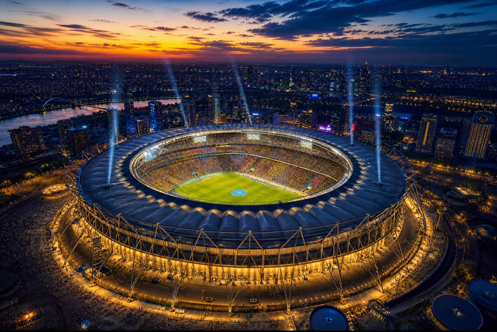 Vue aérienne d’un immense stade rappelant la Coupe du Monde de la FIFA