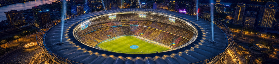 Vue aérienne d’un immense stade rappelant la Coupe du Monde de la FIFA