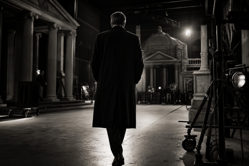 Acteur britannique de dos en long manteau sombre