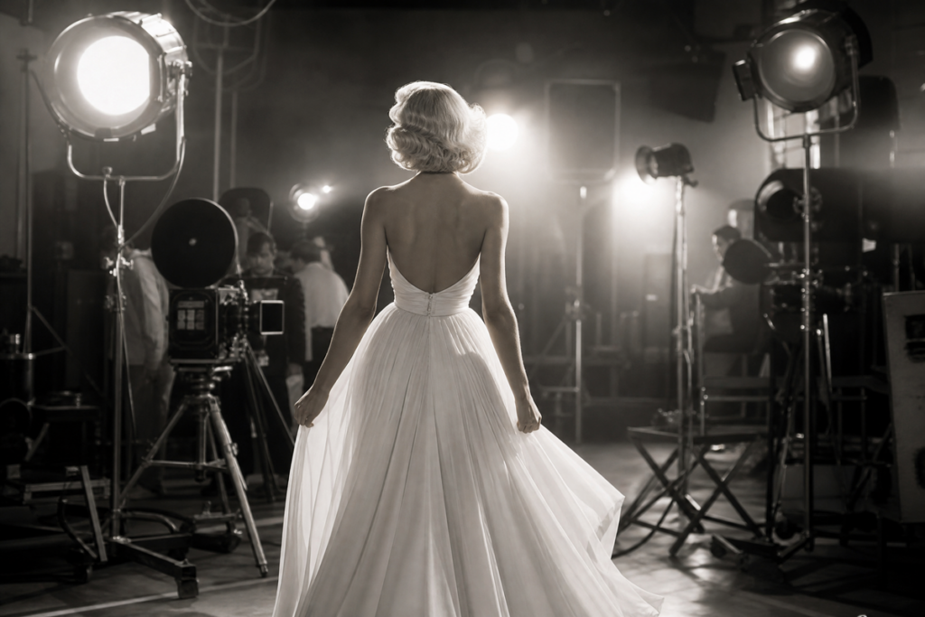 Actrice blonde portant une robe inspirée du glamour hollywoodien des années 1950